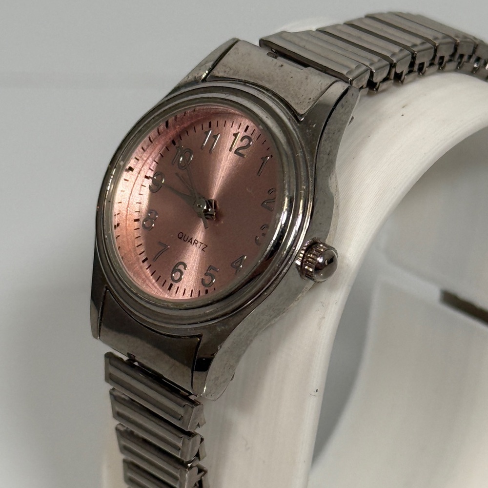 Silver Stretch Band Watch with Rose Pink Dial New Battery - Picture 3 of 7